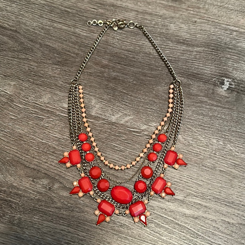 J.CREW Red, Pink, Gold Multi-chain Statement Necklace